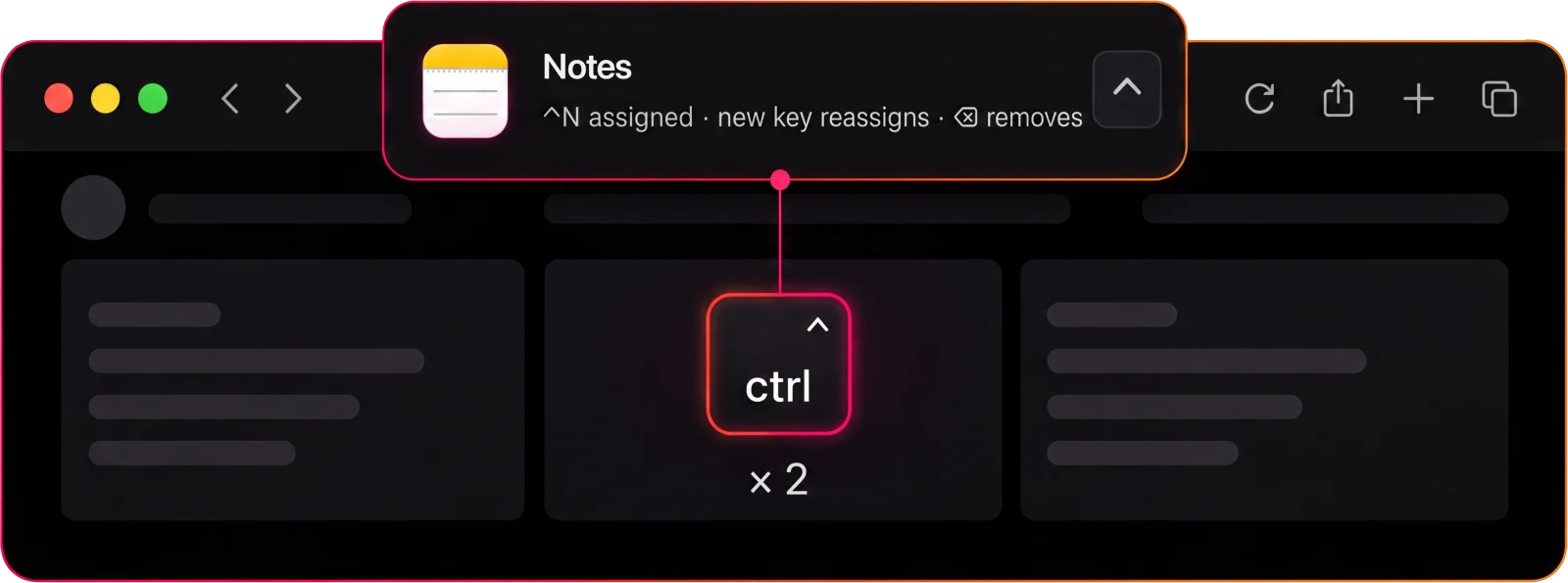 Double-tap the Control key and a popup appears instantly; press any key to assign a shortcut, or delete to remove it